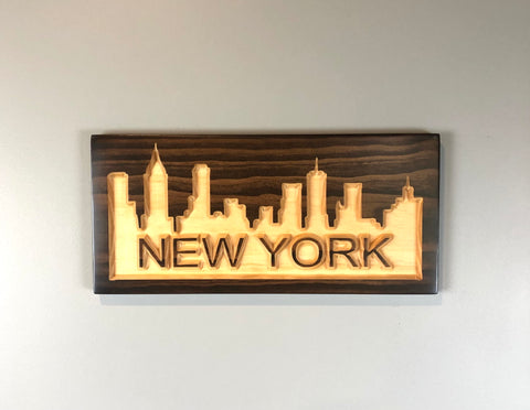 New York City Skyline - Carved Wooden Sign - NYC Skyline - NYC Cityscape Sign - Big Apple Skyline   - Gotham Wood Sign  - Engraved Sign