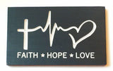 Faith Hope Love Carved Wood Sign 1 Corinthians 13 Rustic Wood Sign Heartbeat Cross Heart