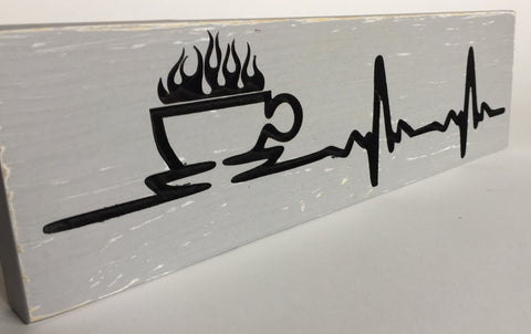 Coffee Heartbeat - Coffee Heartbeat Kitchen Carved Wood Sign - Coffee Sign - Desk Sign - Office Sign